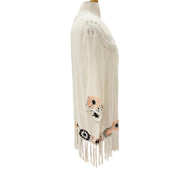 RAIN Boho Open Front Crochet Fringe Cardigan Large NWT - Picture 2 of 5